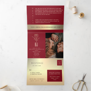 Trois Volets Invitation de mariage tri-pliée avec photo rouge e
