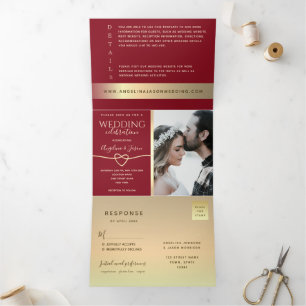 Trois Volets Invitation de mariage triptyque photo rouge et or