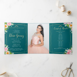 Trois Volets Invitation Quinceanera Florale Triplée Vert