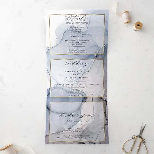Trois Volets Invitation Triptyque Encre Abstraite Bleu Poussiér (Intérieur)