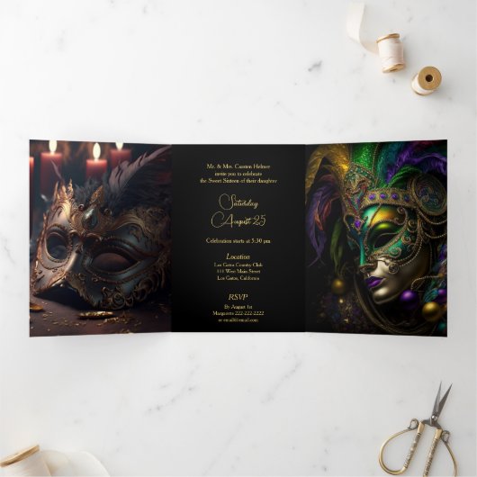 Trois Volets Midnight Masquerade Sweet 16 Party Invitation (Intérieur)