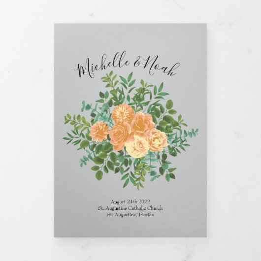 Trois Volets Peach & Grey Peony & Rose Floral Wedding Programme (Page de couverture)