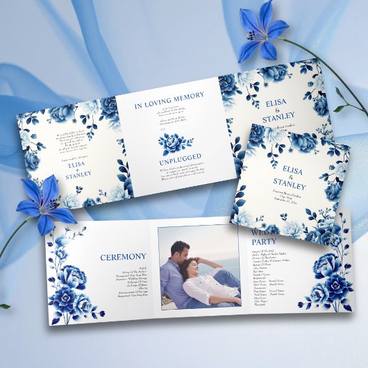 Trois Volets Programme de mariage de mariée à fleurs bleues