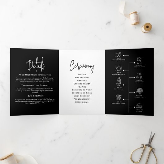 Trois Volets Programme de mariage minimal Noir et blanc Élégant (Intérieur)