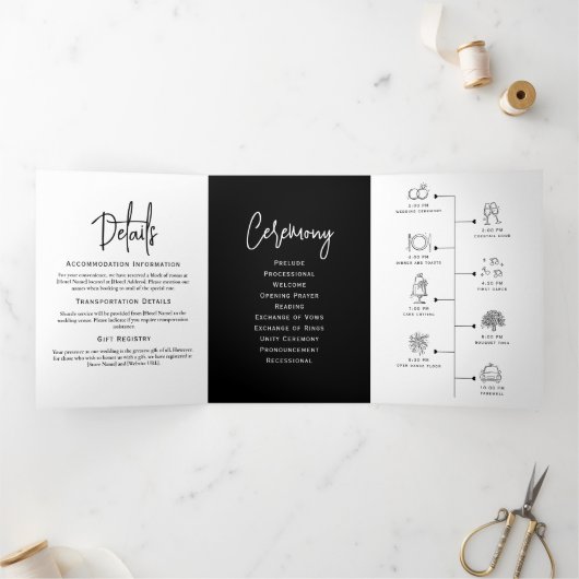 Trois Volets Programme de mariage minimal Noir et blanc Élégant (Intérieur)