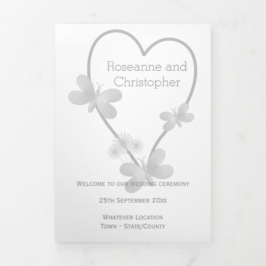 Trois Volets Programme de mariage Papillons cardiaques argentés (Page de couverture)