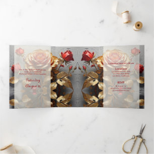 Trois Volets Red Roses et Gold Sweet 16 Party Invitation