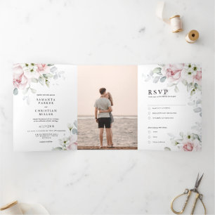 Trois Volets Roses floraux Invitation mariage triplée