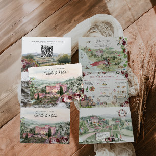 Trois Volets Toscane Italie   Invitation de mariage illustrée 