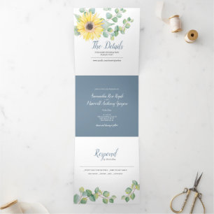 Trois Volets Tournesol et Eucalyptus Triplé Mariage Invitation