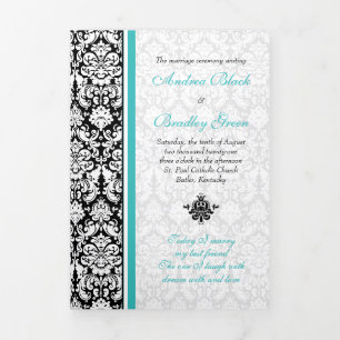 Trois Volets Turquoise Black Damask Tri-Fold Wedding Programme