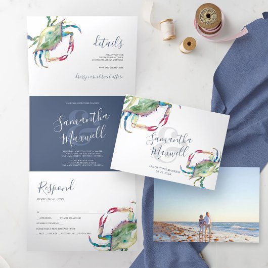 Trois Volets Watercolor Crab Trifold Beach Wedding Invitation