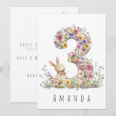Troisième Anniversaire Fleurs Trois & Lapin Carte (Devant / Derrière)