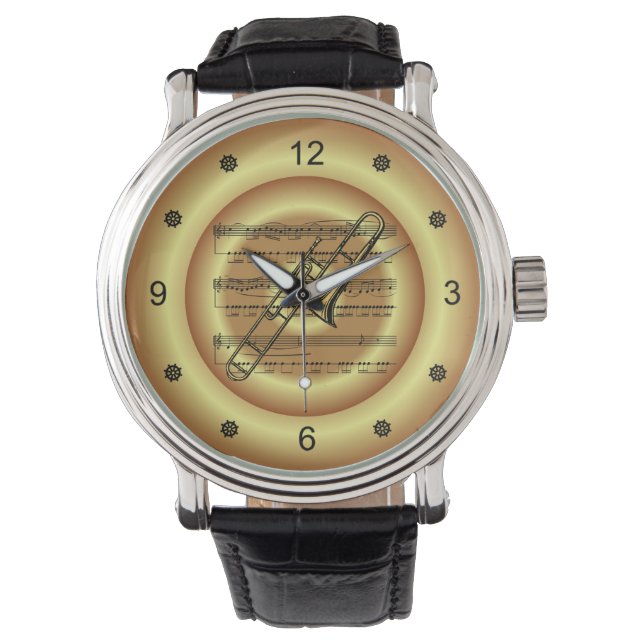 Trombone ~ Blad Music ~ Gold Background ~ Horloge (Voorkant)