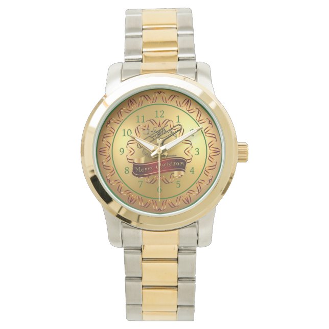 Trombone ~ Musical Scroll ~ Gold "Merry Kerstmis" Horloge (Voorkant)