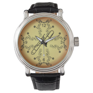 Trombone ~ Musical Scroll ~ Golden Background ~ Horloge