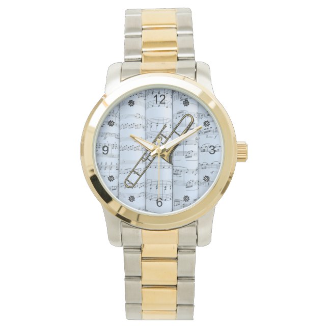 Trombone~Rolling velmuziek~Blue Tint Background~ Horloge (Voorkant)