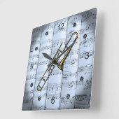 Trombone~Rolling velmuziek~Blue Tint Background~ Vierkante Klok (Hoek)