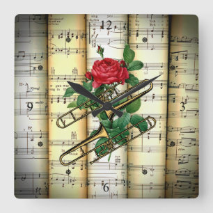 Trombone & Rose ~ Rolled Sheet Music ~ Vierkante Klok