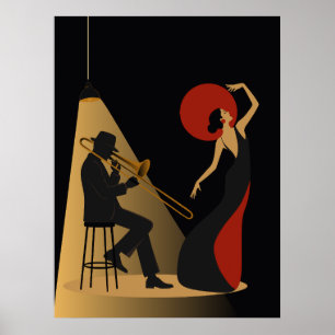 Trombonist en Danser Noir Muziek Poster