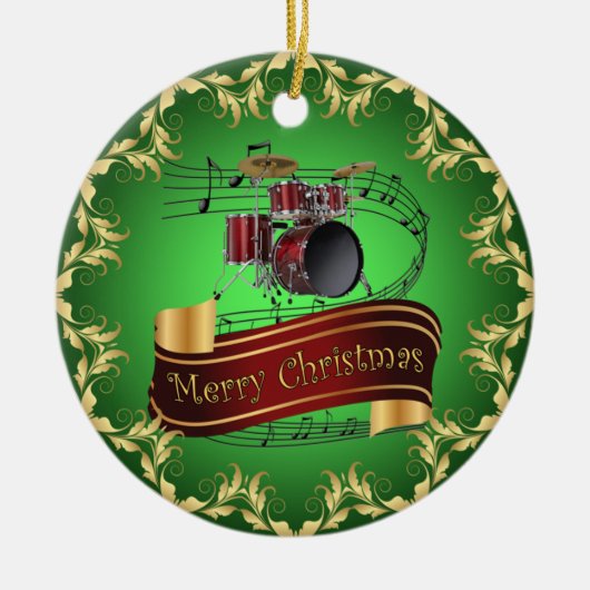 Trommelset ~ Musical Scroll ~ Merry Kerstmis * ~ Keramisch Ornament (Voorkant)