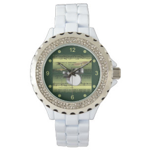 Trommelset~Rollend blad Muziek~Gold/Groene achterg Horloge