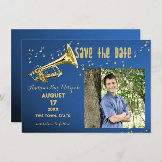 Trompet Bar Mitswa Bewaar de datum Save The Date (Voorkant / Achterkant)