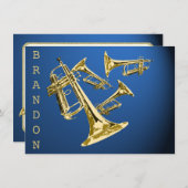 Trompet Muziek Goud en Blauw Dank U Platte Kaart (Voorkant / Achterkant)