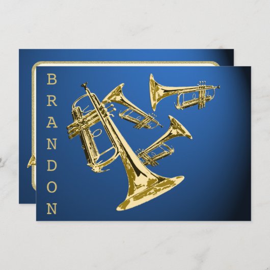 Trompet Muziek Goud en Blauw Dank U Platte Kaart (Voorkant / Achterkant)