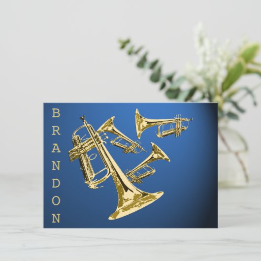 Trompet Muziek Goud en Blauw Dank U Platte Kaart (Staand voorkant)