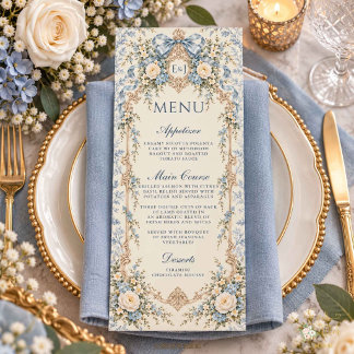 Troom Dusty Blauwe Witte Bloemstuk Bruiloft Menu