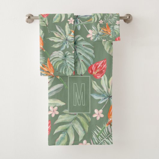 Tropen Bloem en Bladgroen Fantasie met Monogram Bad Handdoek (Insitu)