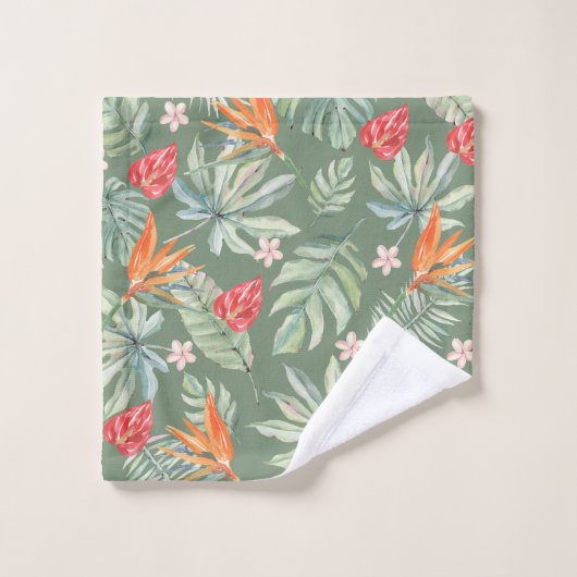 Tropen Bloem en Bladgroen Fantasie met Monogram Bad Handdoek (Wasdoekje)