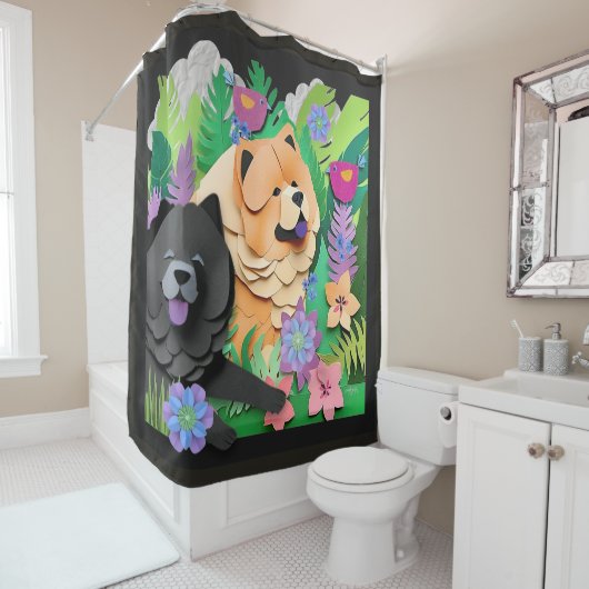 TROPIC TANGO rode zwarte chow Douchegordijn (In situ)