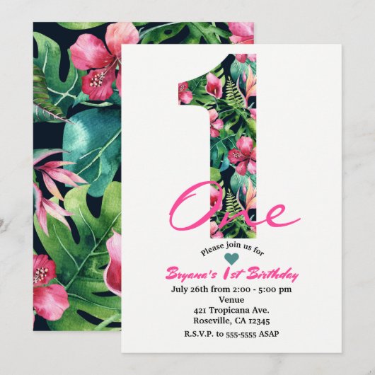 Tropical 1 One First 1st Birthday Party Invitation Kaart (Voorkant / Achterkant)