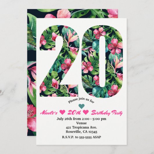 Tropical 20 20e Floral Anniversaire Invitation (Devant / Derrière)