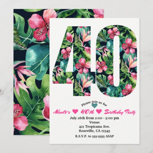 Tropical 40 40th Quarty Birthday Party Invitation (Devant / Derrière)