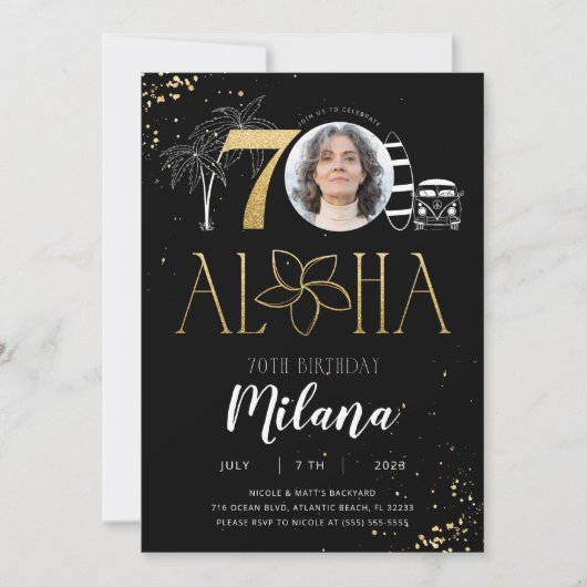 Tropical 70th Birthday Gold Invitation avec photo (Devant)