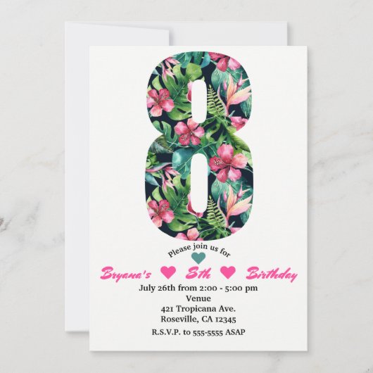 Tropical 8 Huit Invitation de fête d'anniversaire (Devant)