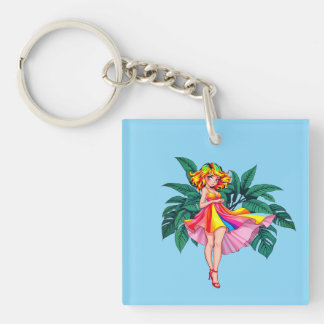 Tropical Anime Girl in Black Dress Square Acrylic  Sleutelhanger