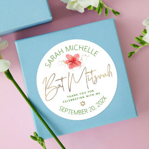Tropical Bat Mitzvah Waterverf Bloemen Goud Script Ronde Sticker