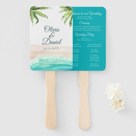 Tropical Beach and Palm Trees Trouwprogramma Handwaaier (Voorkant en achterkant)