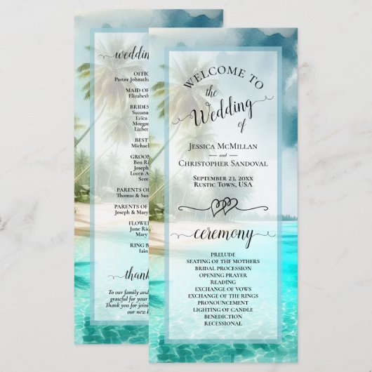 Tropical Beach Coastal Palm Trees Elegant Wedding Programma (Voorkant / Achterkant)