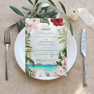 Tropical Beach Floral Palm Menu de mariage