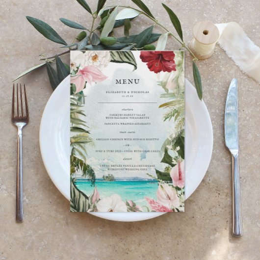 Tropical Beach Floral Palm | Menu de mariage