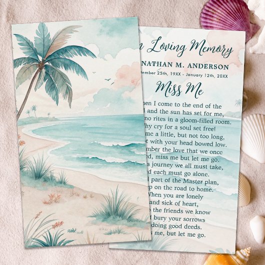 Tropical Beach Funeral Modern Memorial Prayer Kaar Visitekaartje