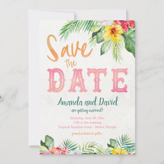 Tropical Beach Hibiscus en Flamingo Save the Date Kaart (Voorkant)