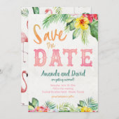 Tropical Beach Hibiscus en Flamingo Save the Date Kaart (Voorkant / Achterkant)
