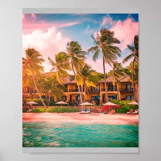 Tropical Beach Hotel avec Cocotiers Poster (Devant)