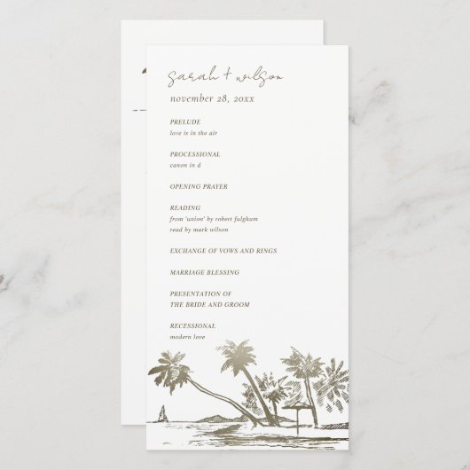 Tropical Beach Palm Sketch Gold Wedding Programme (Devant / Derrière)